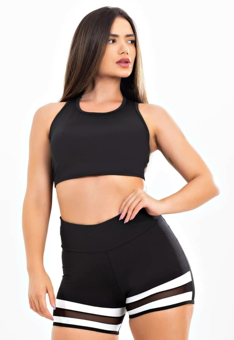 Conjunto Fitness Feminino Short Preto Cintura Alta e Cropped Alcinha com  Detalhes em Tela Dry Fit Academia REF: CSV4 - Racy Modas