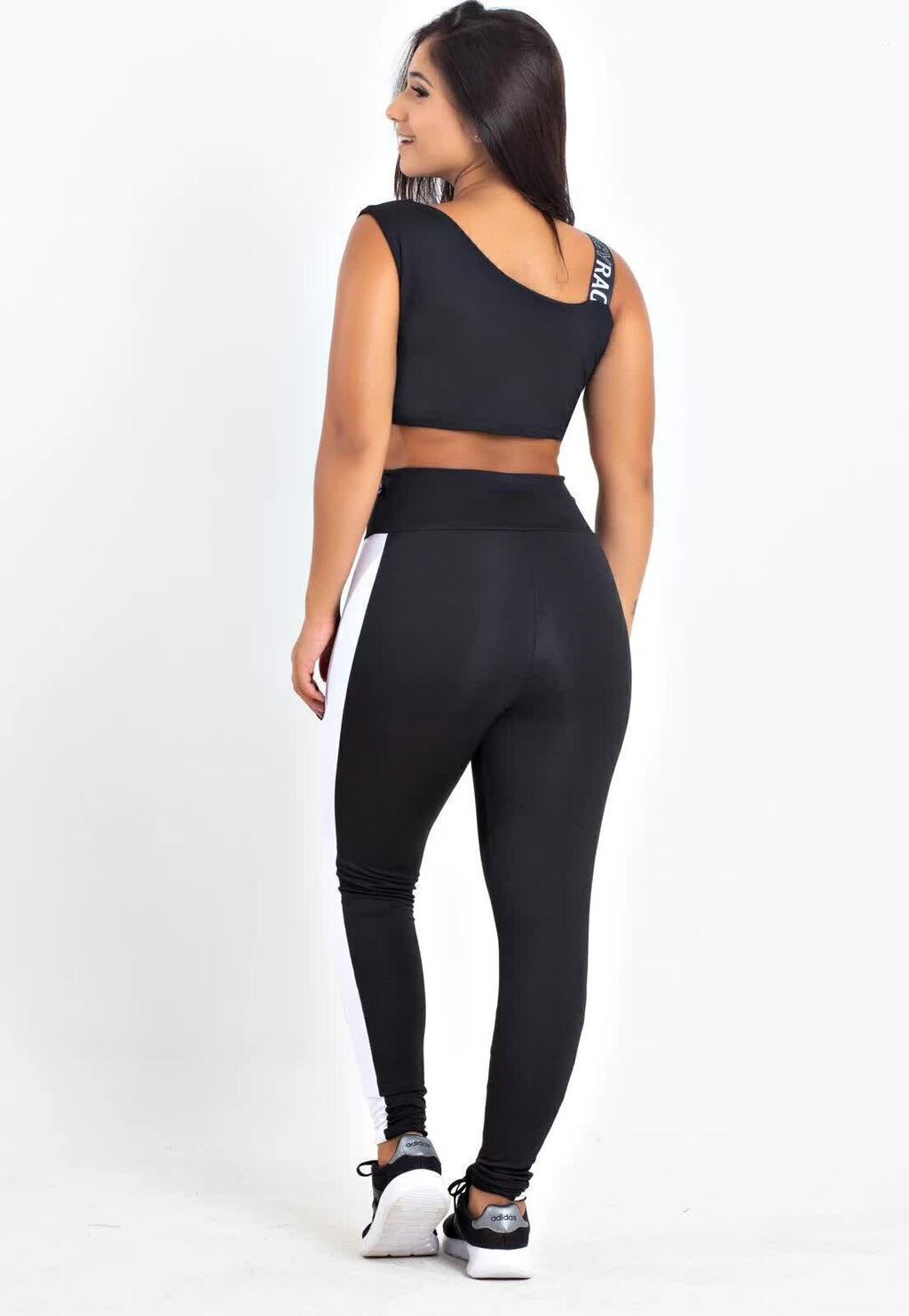 Calça Legging Preto Listra Branca Cropped Preto e Branco Conjunto