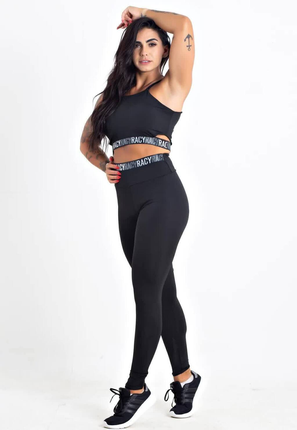 Calça Legging Cintura Alta + Cropped Alcinha Preto com Elásticos