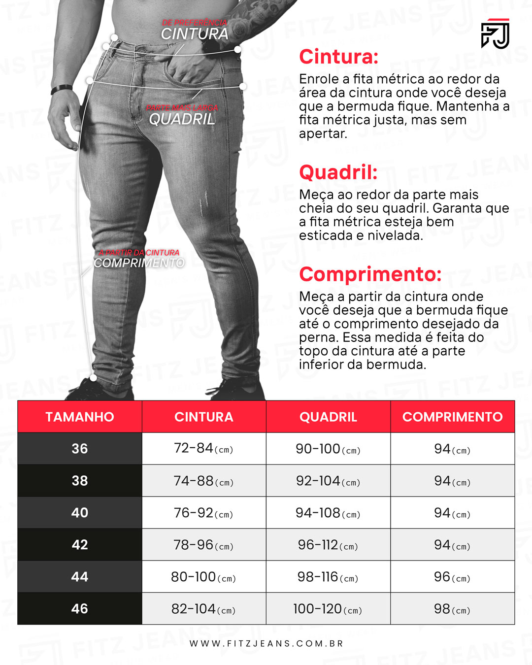 Tabela de medidas shorts sarja