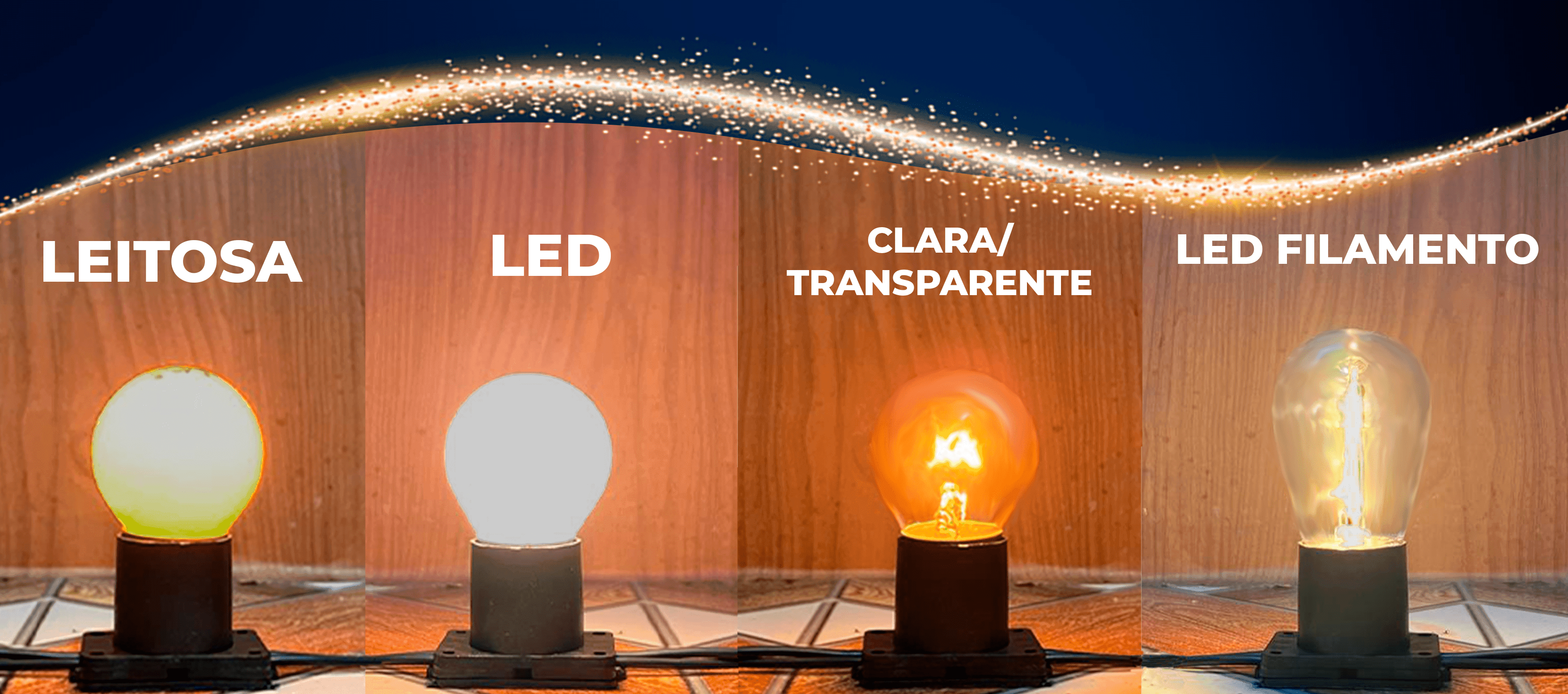 Quatro modelos de lâmpadas Led, Leitosa, clara/transparente e filamento