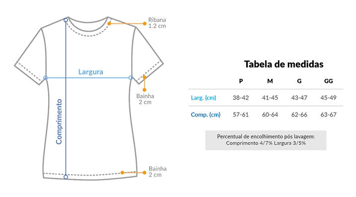 Tabela com os tamanhos das camisas BabyLook