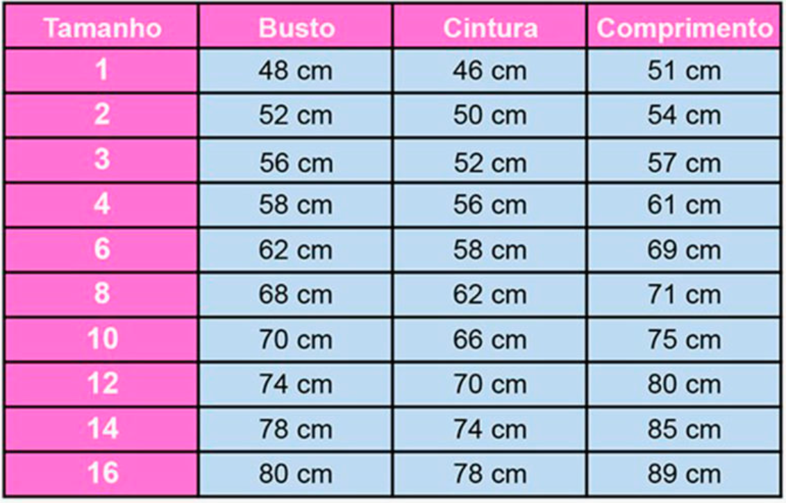 Tabela de medida referencia 02 a 12 anos