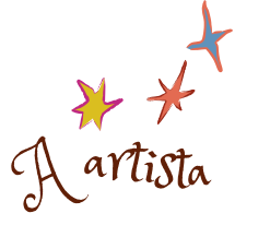 texto escrito "A artista" em letra cursiva com 3 estrelas assimétricas decorando