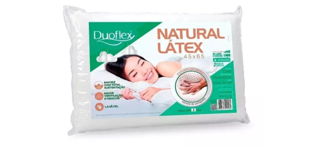 Embalagem de travesseiro de látex Duoflex com informações destacando a durabilidade e propriedades hipoalergênicas, ideal para suporte firme durante o sono