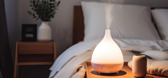 Difusor de aromas em um quarto tranquilo promovendo um ambiente relaxante para dormir