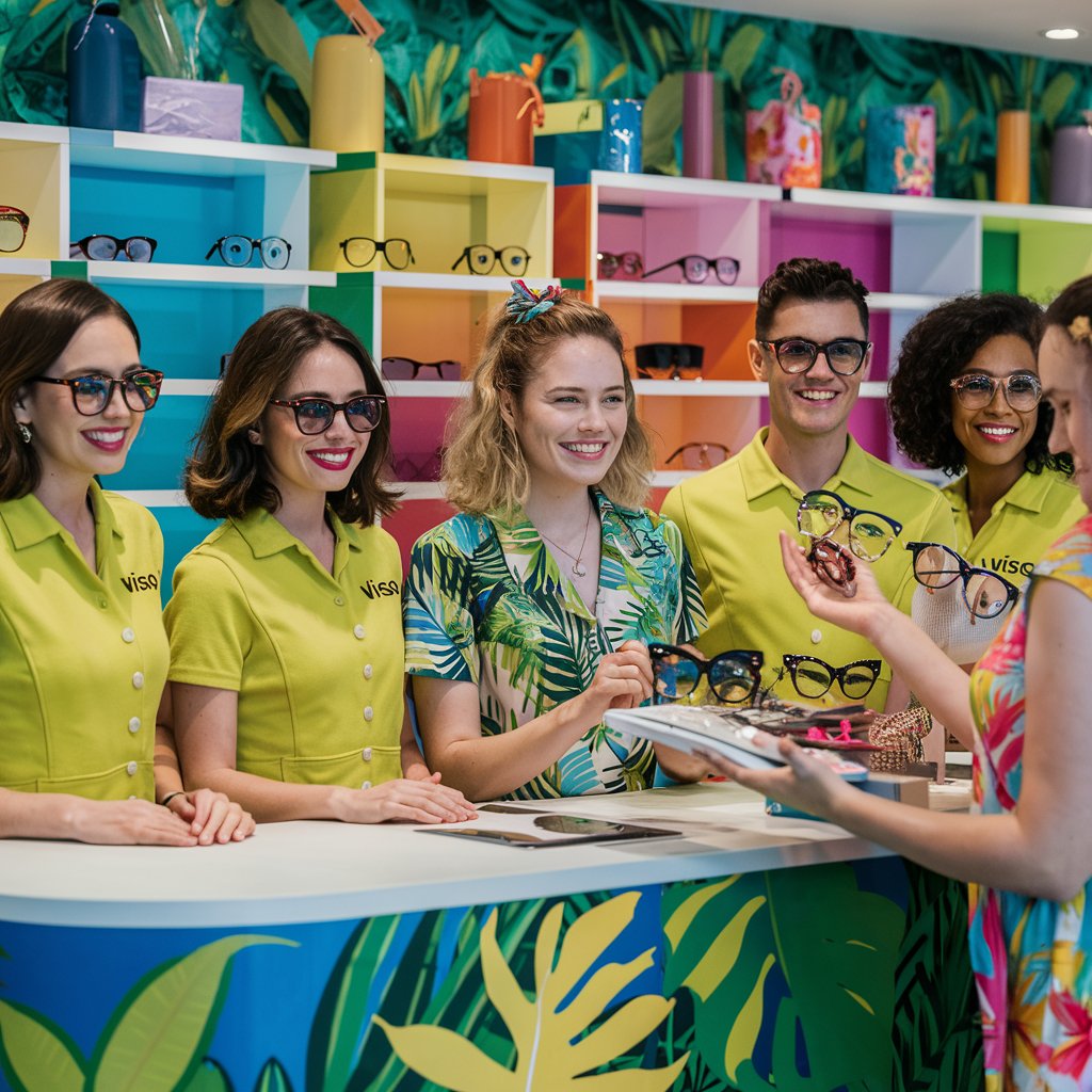 Equipe sorridente da ótica atendendo um cliente.