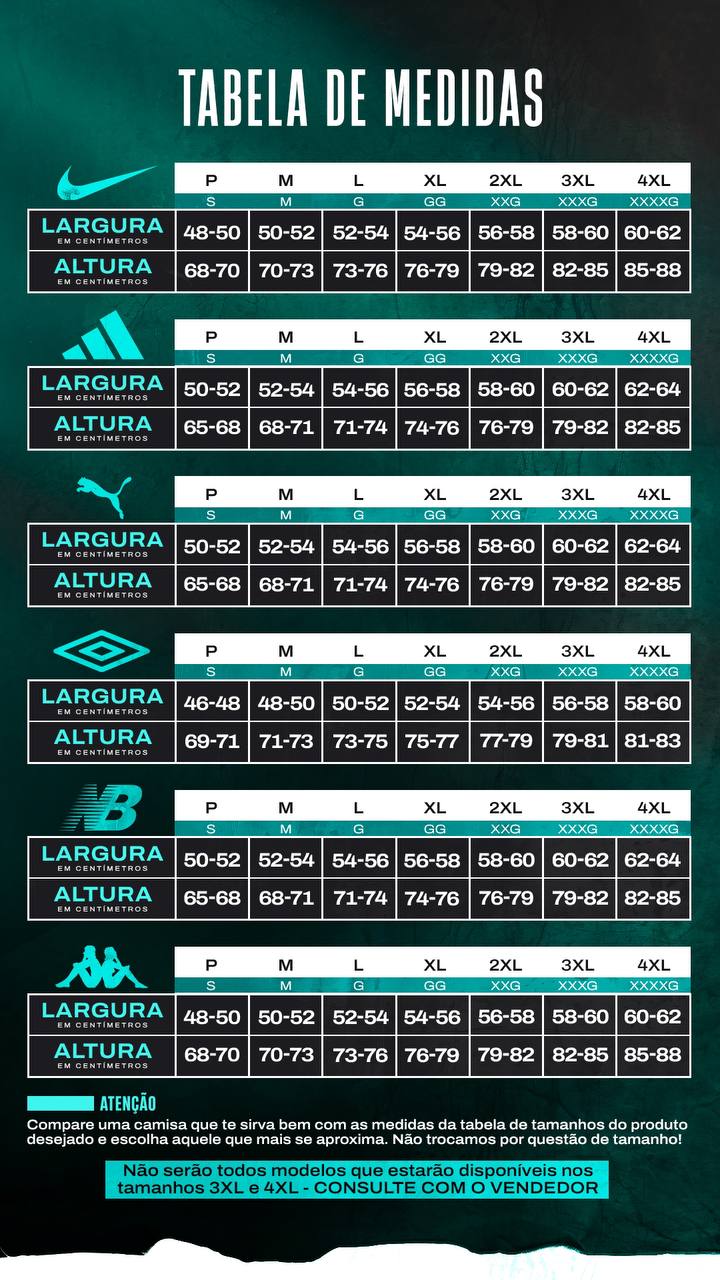 Tabela de Medidas - Torcedor