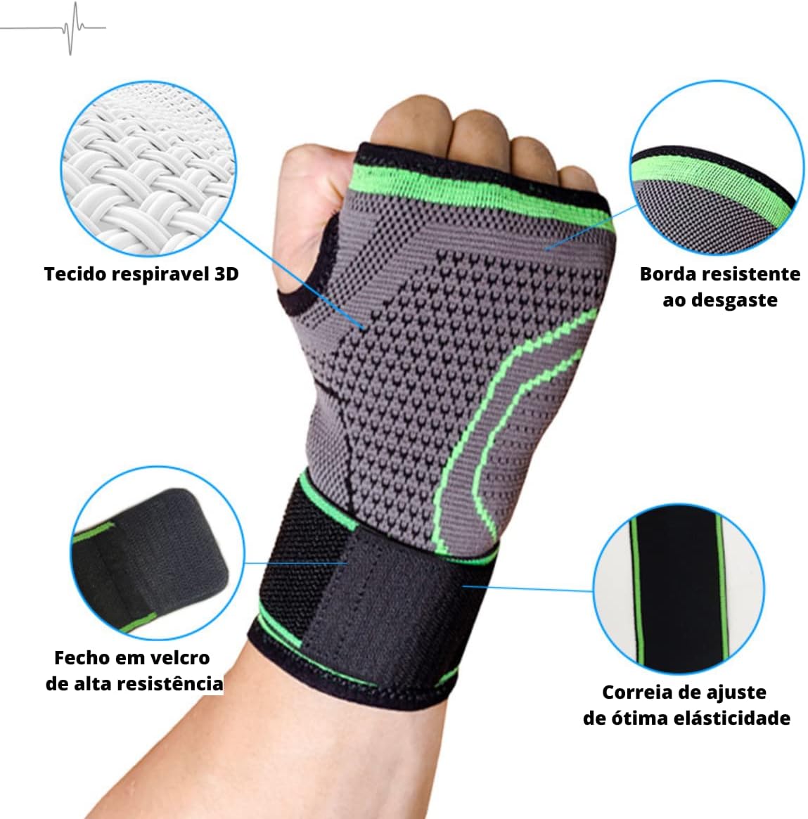 Projetado para proteger os músculos dos pulsos de entorses durante a prática de esportes. Também realiza a prevenção de lesões ligamentares durante esportes e trabalhos relacionados à atividade física.