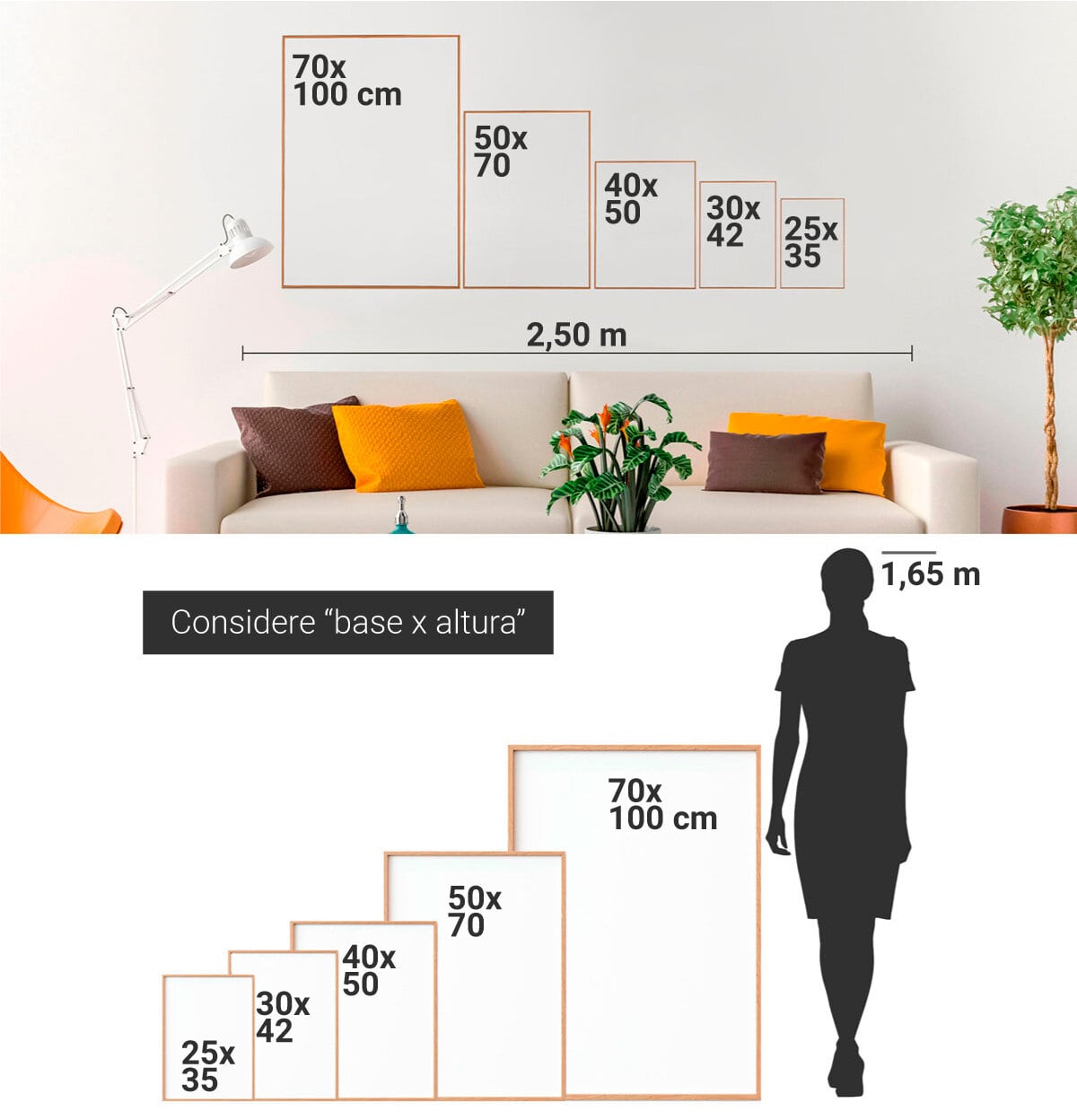 Tamanho quadros em relação ao sofa e à mulher