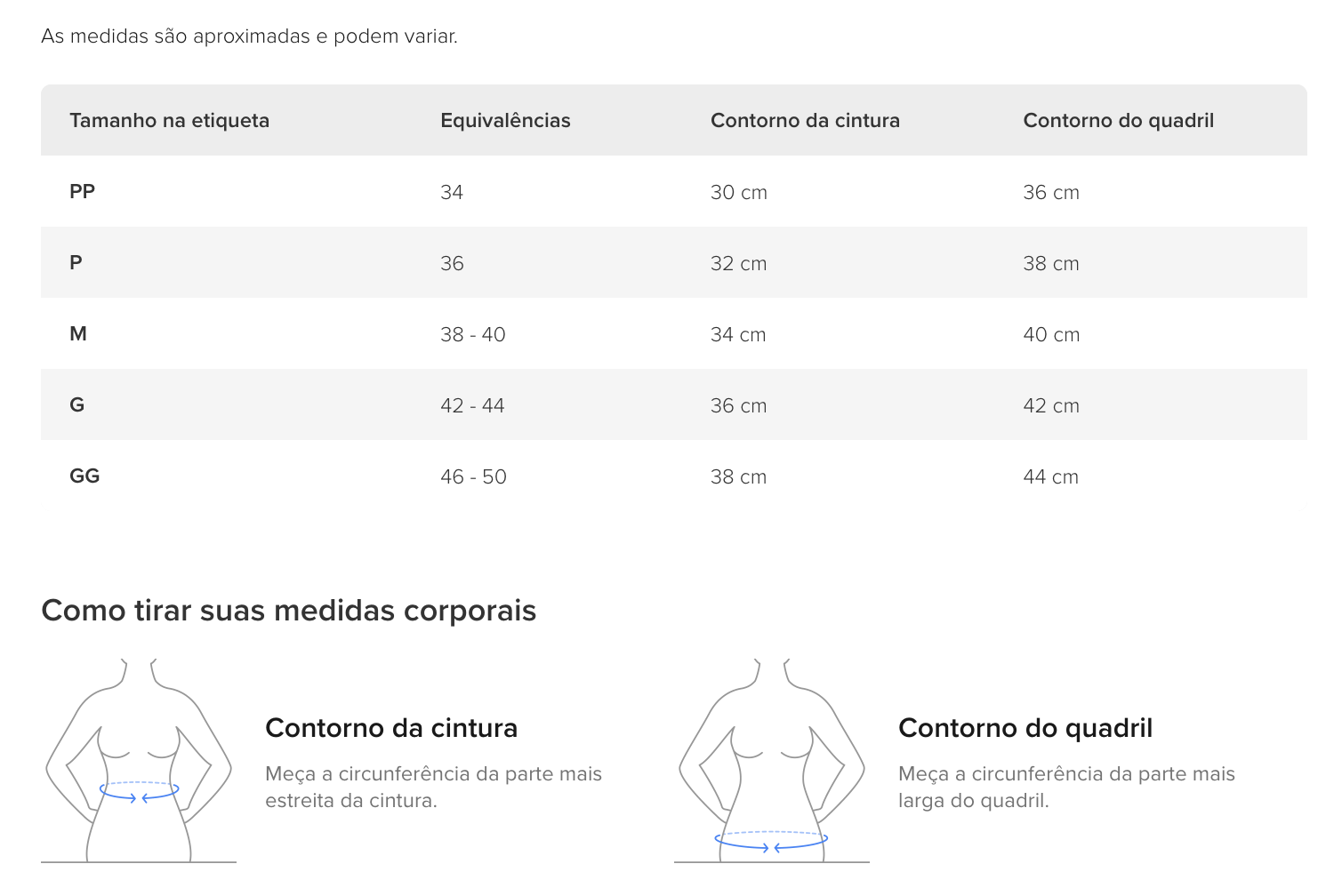 Guia de medidas feminino superior