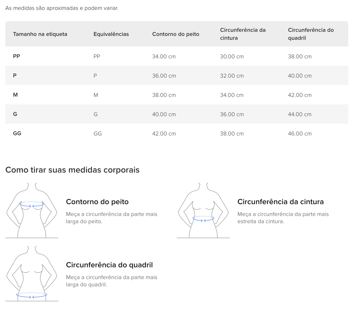 Guia de medidas feminino superior