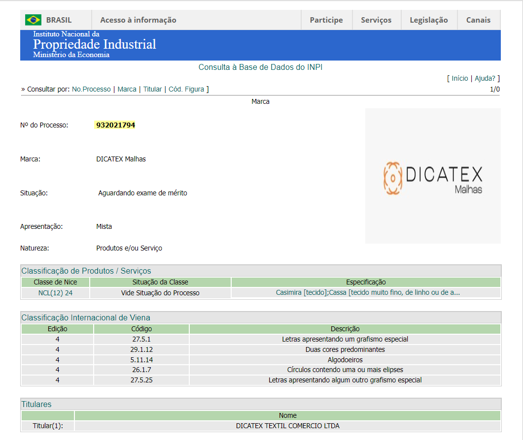 Registro Inpi Dicatex Malhas