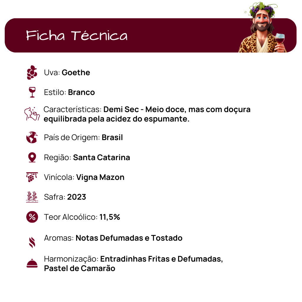 Espumante Branco Demi Sec Terrara, produzido na região de Santa Catarina no Brasil na variedade Goethe, safra 2023 da Vigna Mazon e com teor alcoólico de 11,5%.  Apresenta aromas com Notas Defumadas e Tostado.  Na harmonização, combina com Entradinhas Fritas e Defumadas, Pastel de Camarão