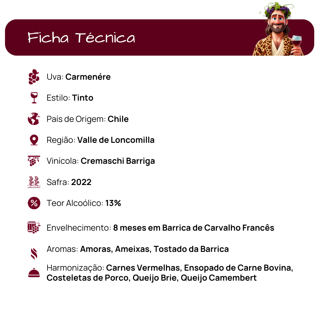 Vinho Tinto Seco Cuentos Del Fuego, produzido na região do Valle de Loncomilla no Chile na variedade Carmenére, safra 2022 da vinícola Cremaschi Barriga e com teor alcoólico de 13%.  Esse rótulo Reserva teve envelhecimento de 8 meses em Barrica de Carvalho Francês.  Apresenta aromas de Amoras, Ameixas e Tostado da Barrica.  Na harmonização, combina com Carnes Vermelhas, Ensopado de Carne Bovina, Costeletas de Porco, Queijo Brie, Queijo Camembert.