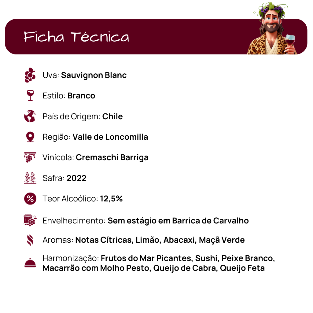 Vinho Branco Seco Cuentos Del Fuego, produzido na região do Valle de Loncomilla no Chile com a variedade Sauvignon Blanc, safra 2022 da vinícola Cremaschi Barriga e com teor alcoólico de 12,5%.  Esse rótulo não passou por envelhecimento em barrica de carvalho.  Apresenta aromas com Notas Cítricas, Limão, Abacaxi e Maçã Verde.  Na harmonização, combina com Frutos do Mar Picantes, Sushi, Peixe Branco, Macarrão com Molho Pesto, Queijo de Cabra e Queijo Feta.