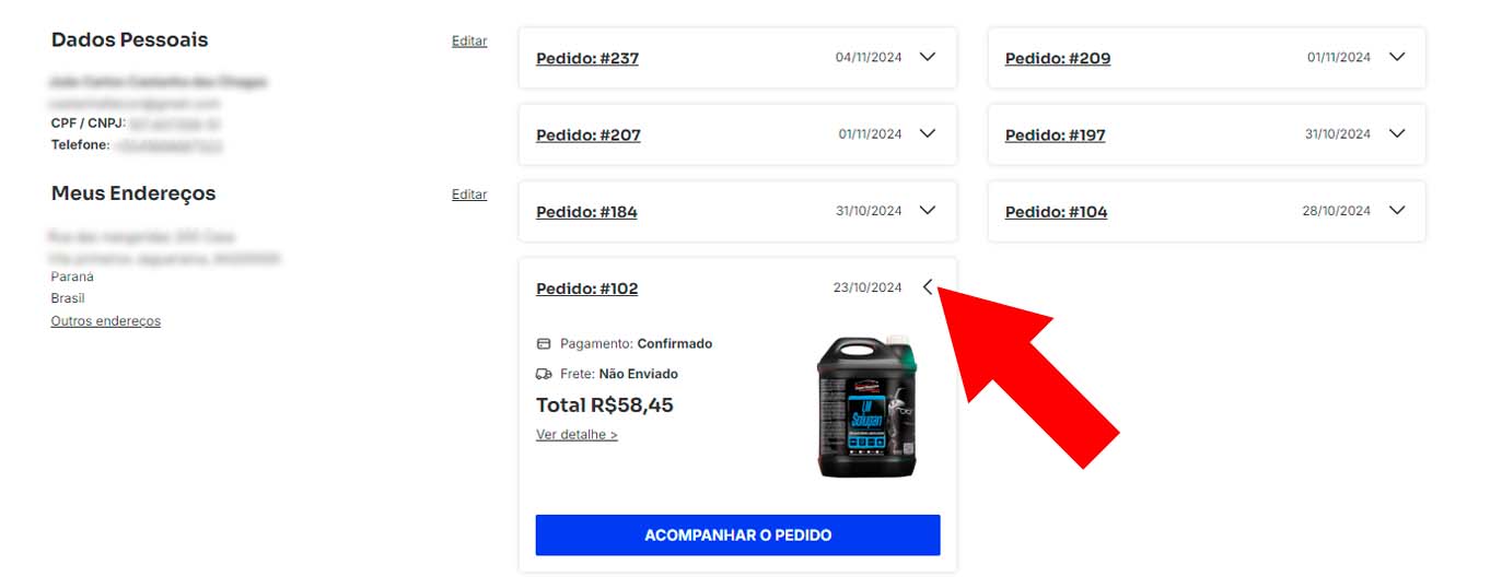 Tela de seleção do pedido para rastreamento