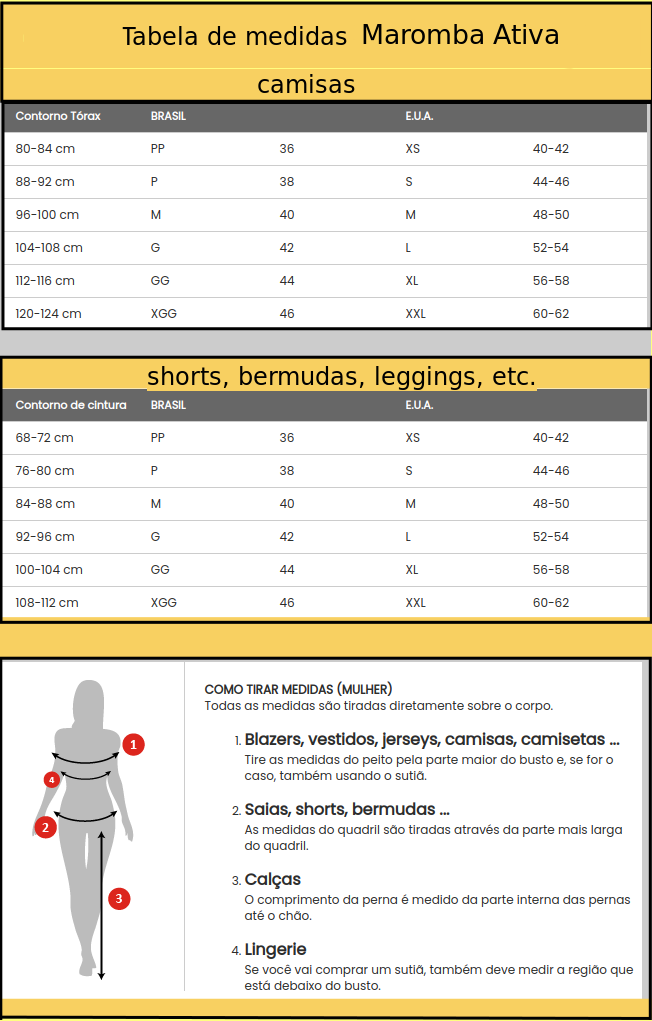 tabela de medidas maromba ativa fitness