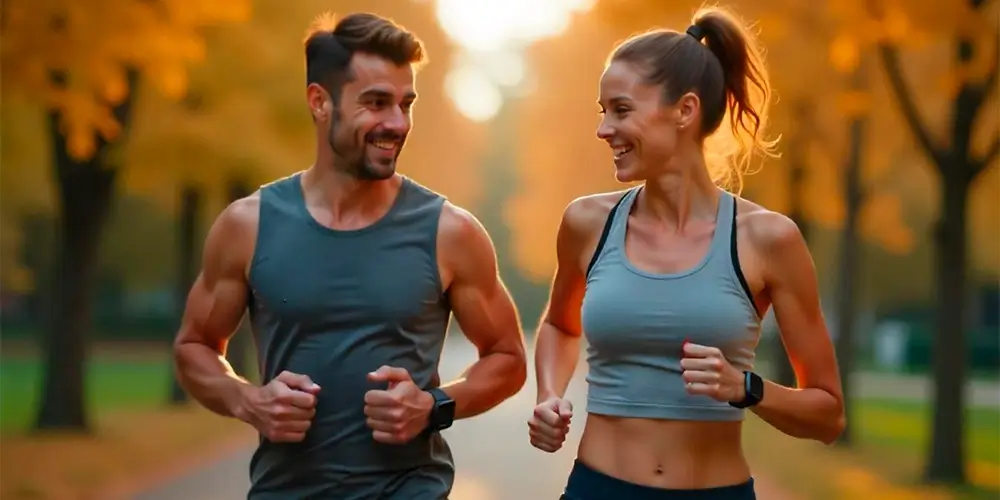 casal fazendo cooper e usando smartwatches que irão auxiliar no monitoramento de saúde