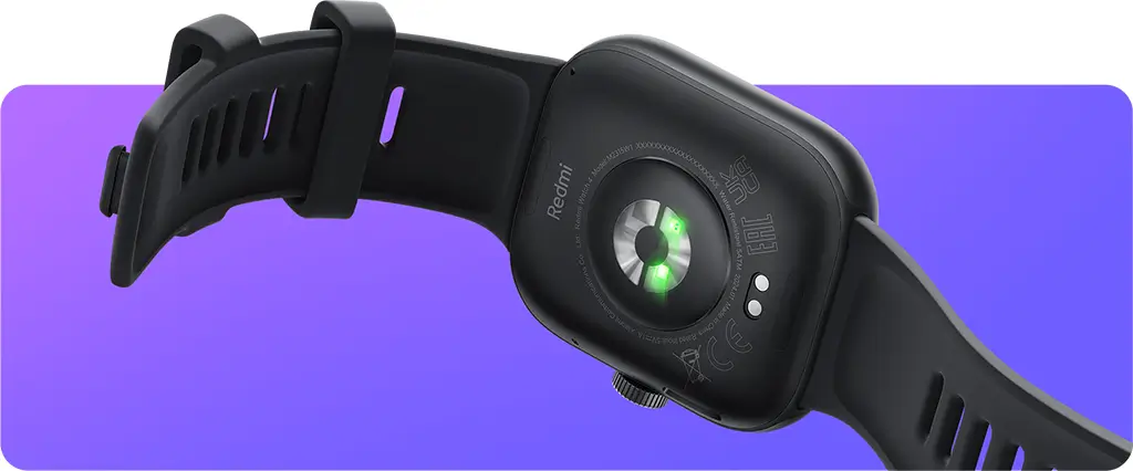 Parte traseira do Smartwatch Xiaomi Redmi Watch 4, mostrando o sensor que fica em contato com a pele para captar as medições de controle de saúde