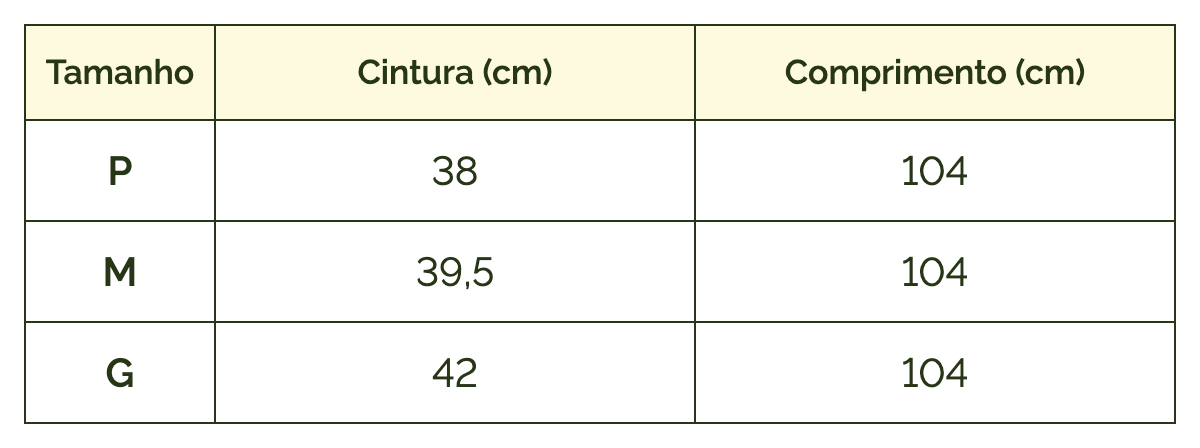 Tabela de medidas — Calça Sarja Reta