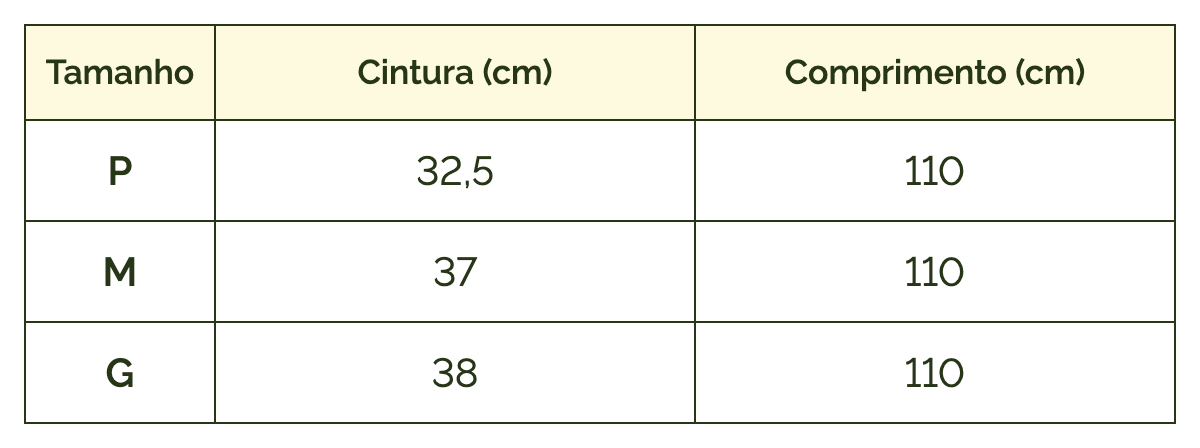 Tabela de medidas — Calça Clássica Reta