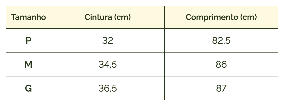 Tabela de medidas — Saia Viscose