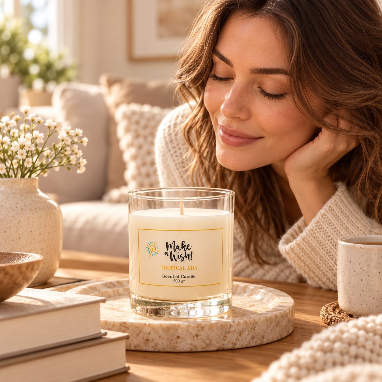 Vela de Soja Premium Make a Wish sobre una mesa