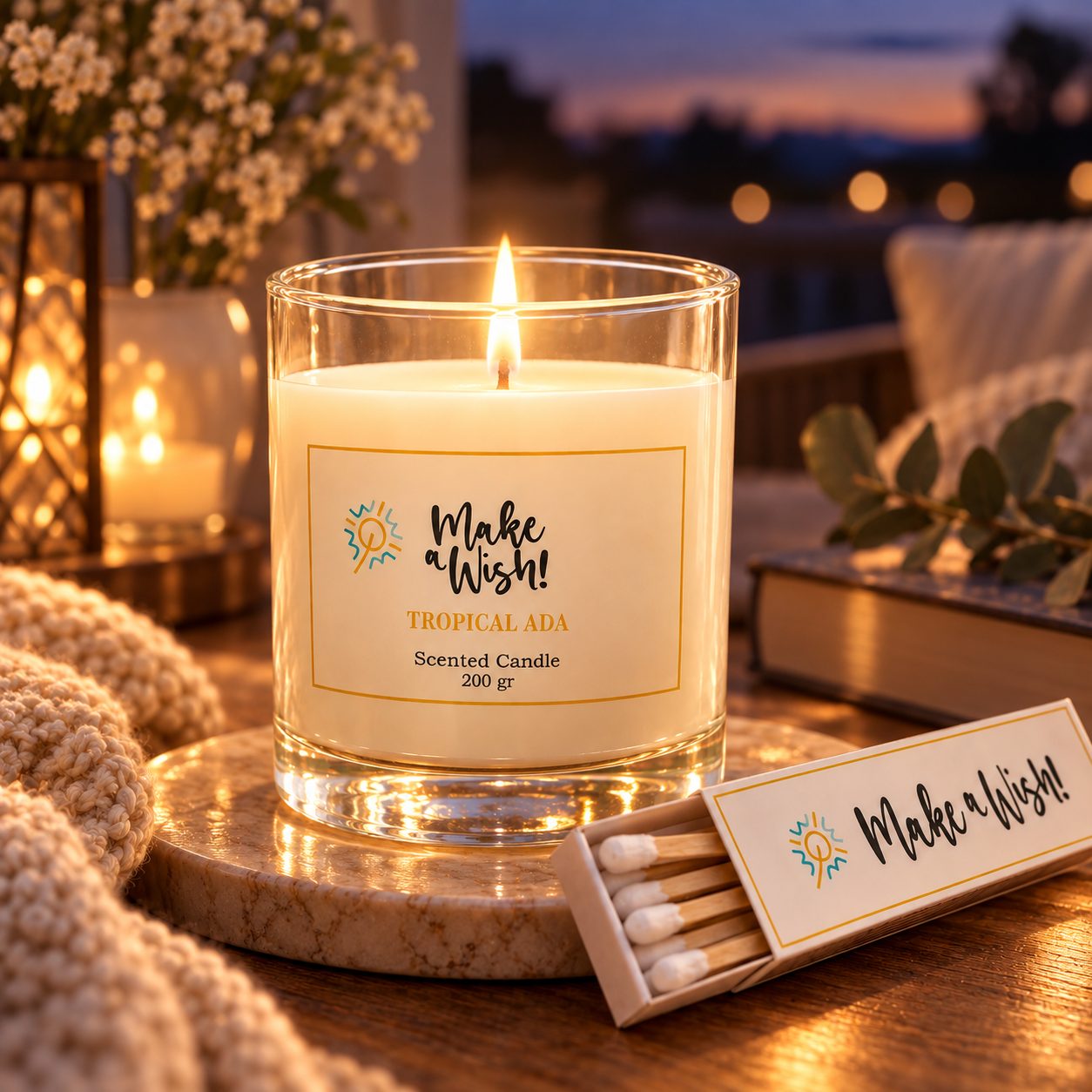 Vela de Soja Premium Make a Wish Tropical Ada encendida junto a su caja de fósforos
