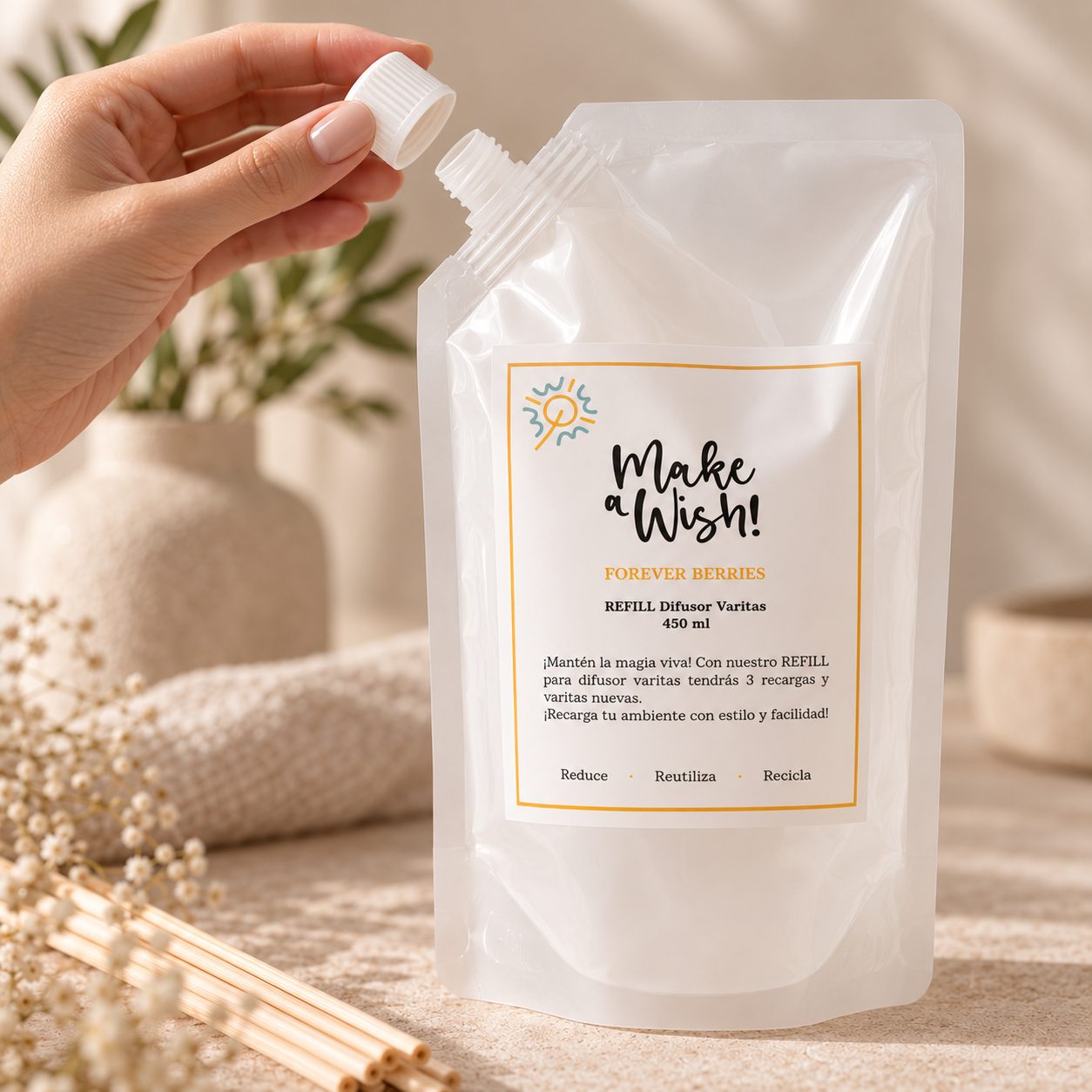 Envase del Refill Difusor Varitas Make a Wish con tapa rosca