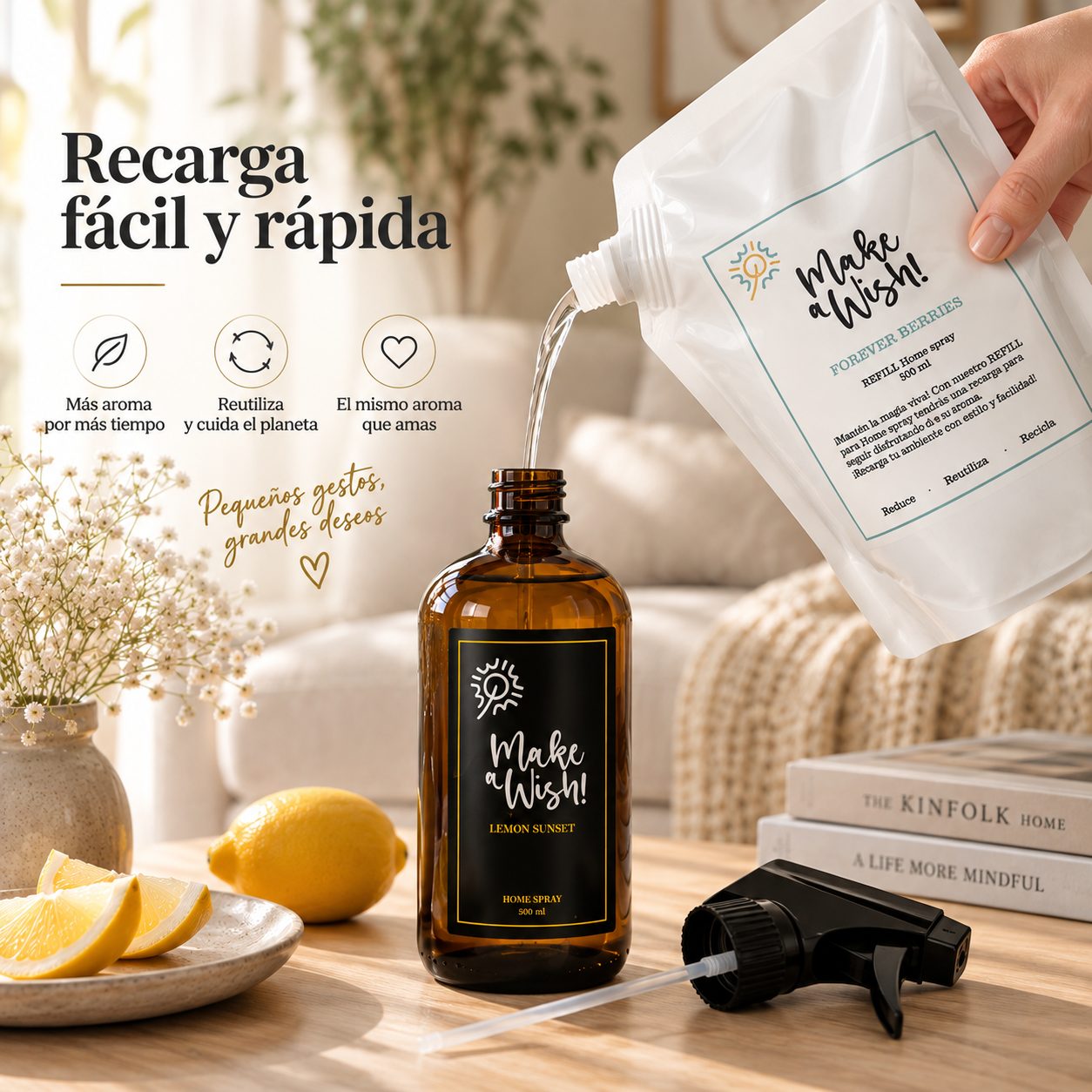 Recarga de Home Spray Make a Wish vertiéndose en una botella