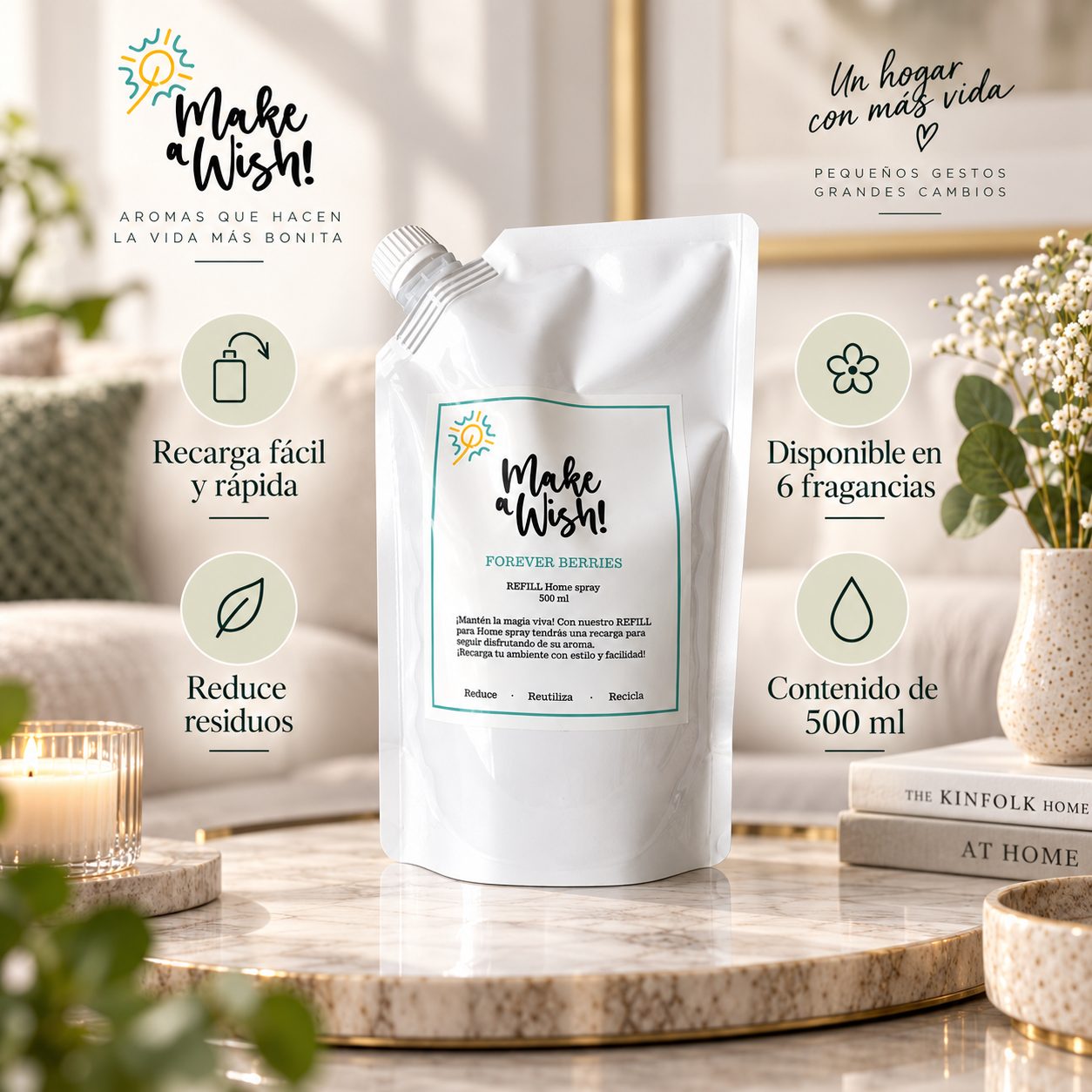 Recarga de Home Spray Make a Wish sobre una mesa de madera