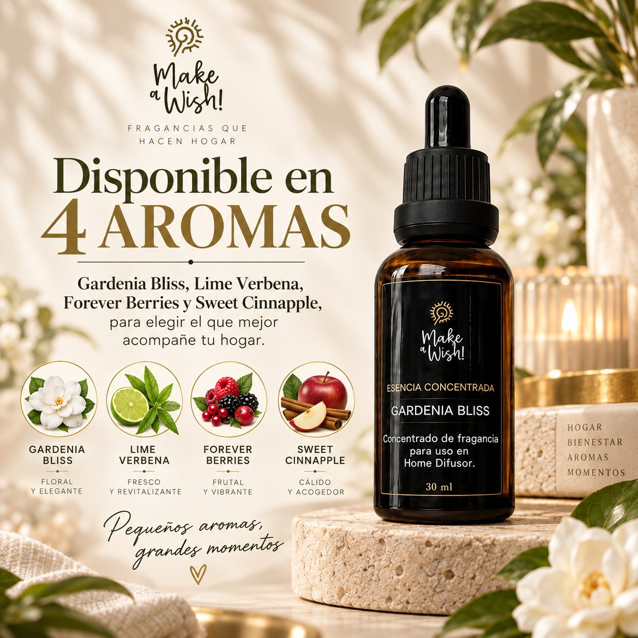 Los cuatro aromas de Esencia Concentrada Make a Wish alineados sobre una base de mármol