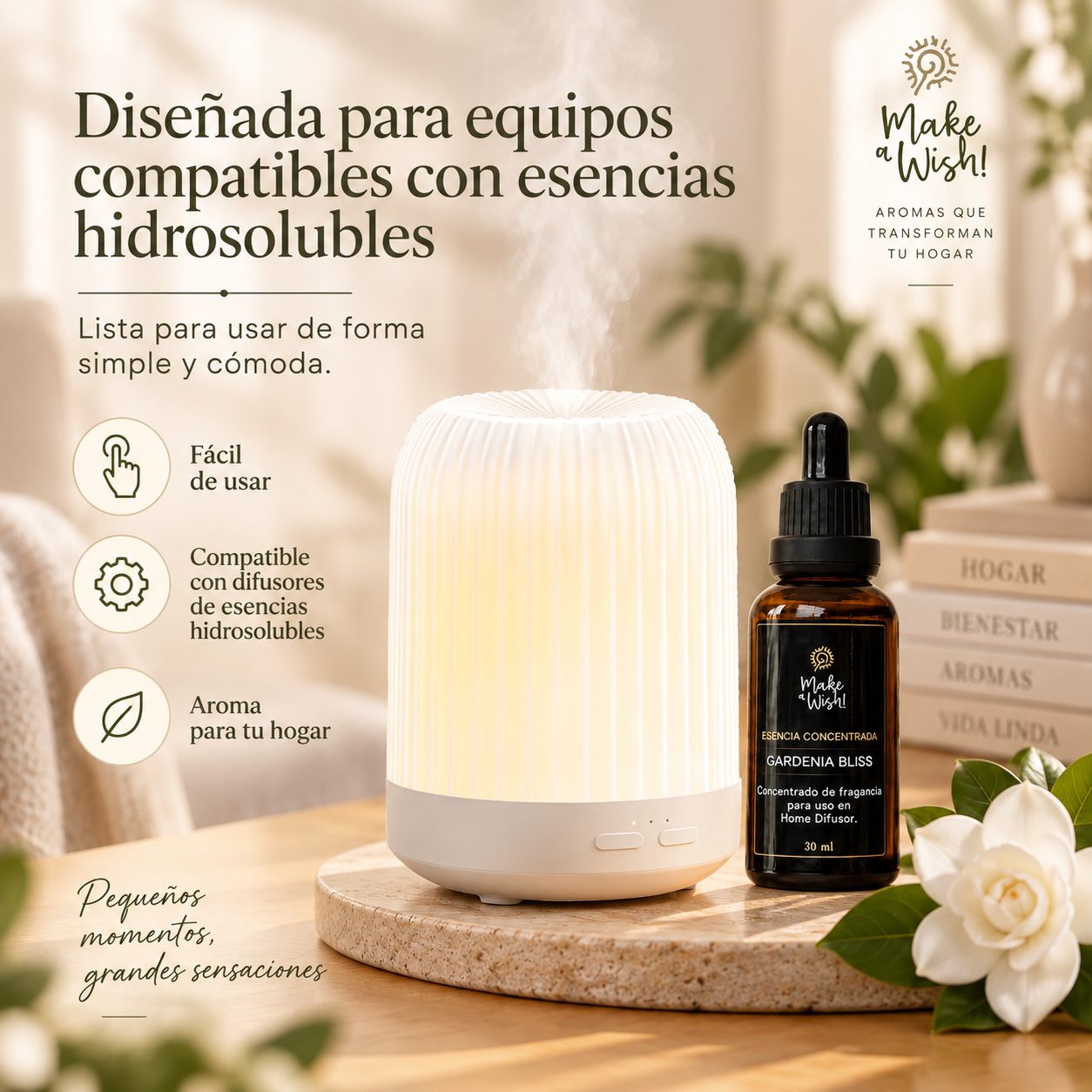 Difusor de ambiente perfumando un living con Esencia Concentrada Make a Wish