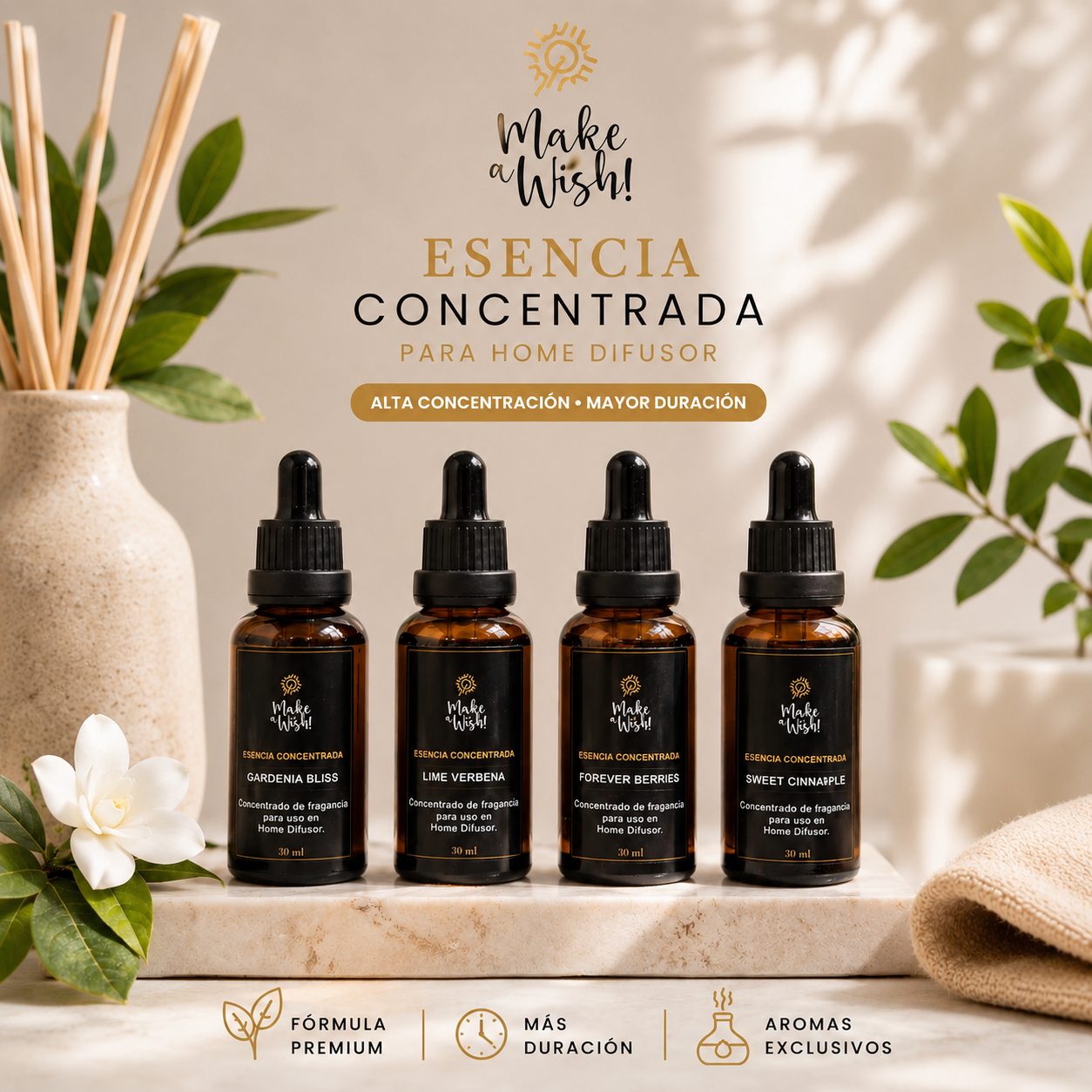 Esencia Concentrada Make a Wish en frasco ámbar con gotero sobre una mesa de mármol junto a frutos rojos