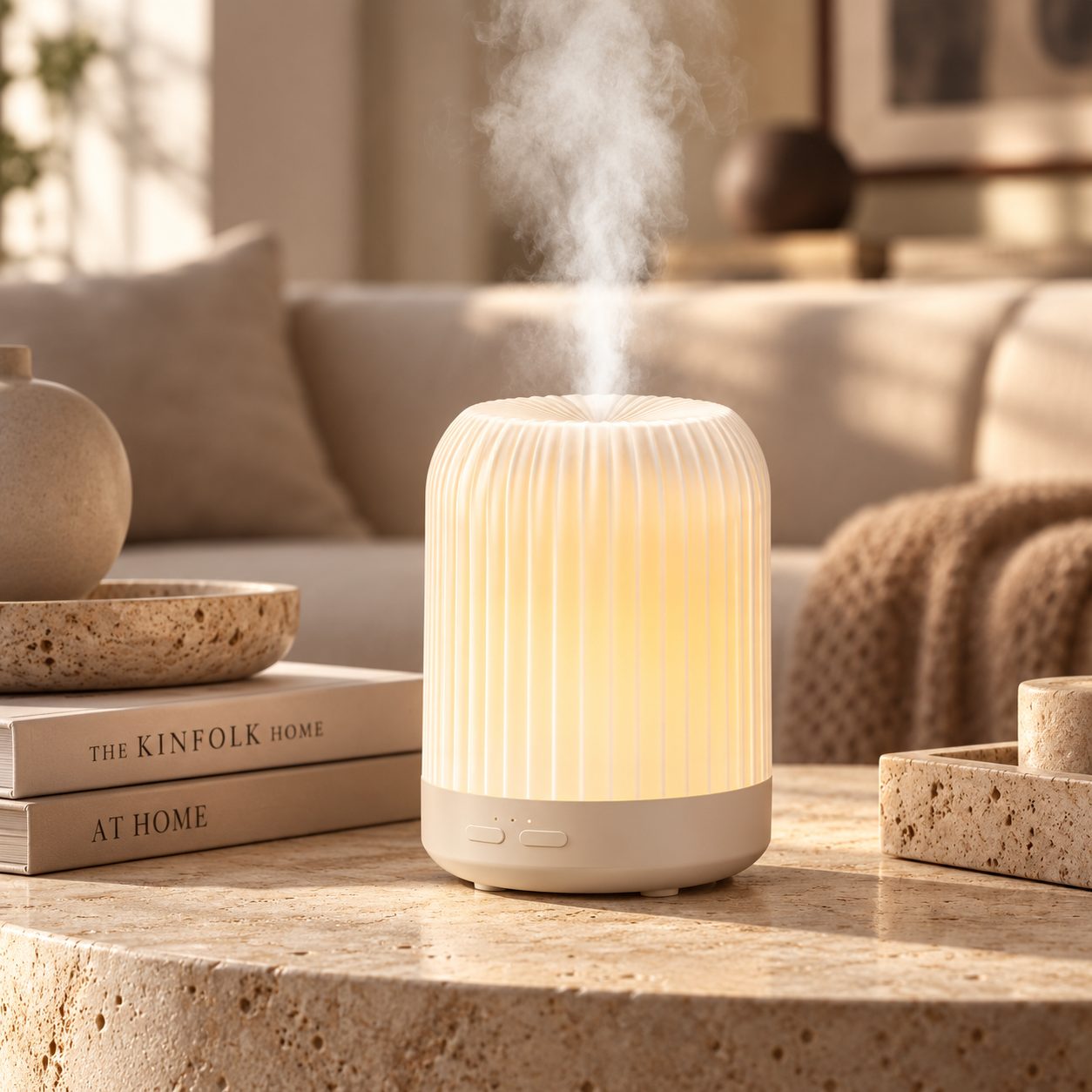 Home Difusor Eléctrico blanco de diseño acanalado sobre una mesa de madera junto a un jarrón
