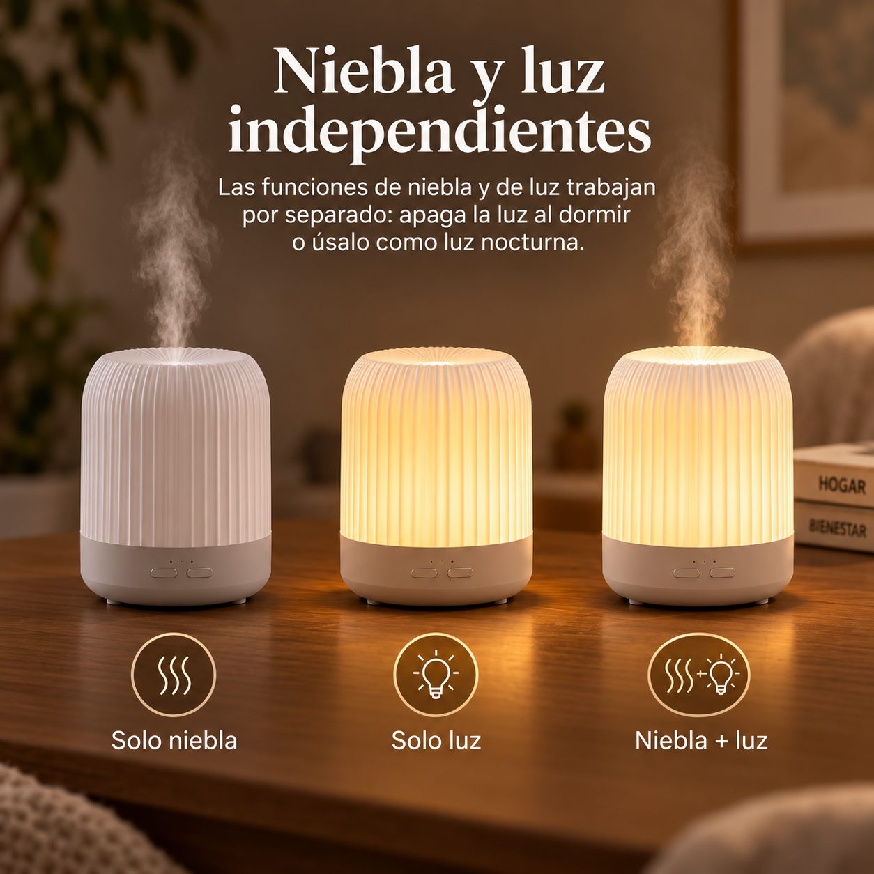 Home Difusor Eléctrico con la luz cálida encendida durante la noche