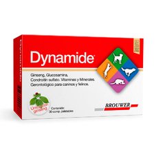 Dynamide comprimidos con ginseng del  Laboratorio Brouwer, es un gerontológico para perros y gatos que estimula y restaura el dinamismo y la vitalidad, actúa como antioxidante y protege del sistema articular, mejorando el estado general de caninos  y feli