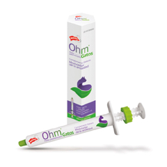 Ohm pasta palatable exclusiva para gatos - complemento dietario - del Laboratorio Holliday, es un biomodulador de la ansiedad de administración oral de uso veterinario con Triptófano, Extracto de raíz de Valeriana, Teanina y saborizado con Aceite de Hígad
