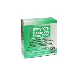 El Pyo Derm Plus 125 mg y del Instituto de Dermatologia Veterinaria es un Antibiótico saborizado Beta Lactámico - con Cefalexina + Zinc + Biotina - para caninos y felinos.- 