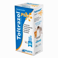 El Toltrazol Plus en suspensión del Laboratorio Mayors es un antiparasitario interno con acción Coccidicida, Ascaricida, Trichuricida, Ancylostomicida y Giardicida.