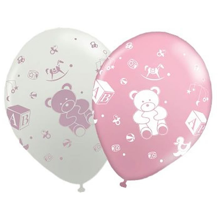 Balão Látex Rosa e Branco - Estampa Brinquedos - Pacote C/25
