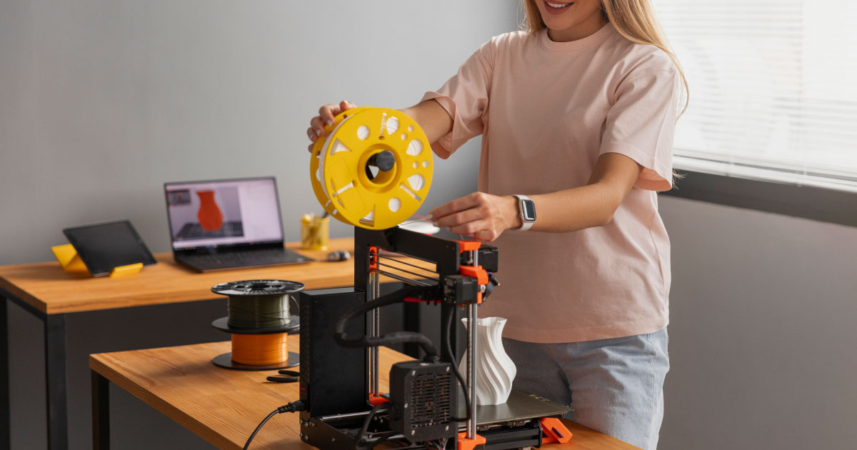 jovem colocando um filamento em uma impressora 3d