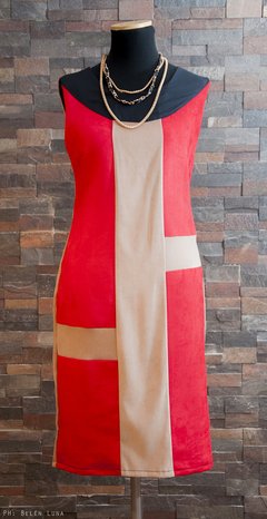 Vestido Jackie diseño en gamuza Rojo y Beige