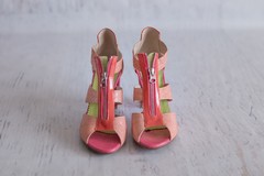 zapatos sandalias cuero coral rosa taco alto 