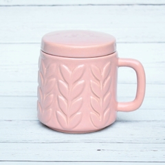 TAZA con TAPA MODELO HOJAS - COLOR ROSA - LINEA INFUSIONES