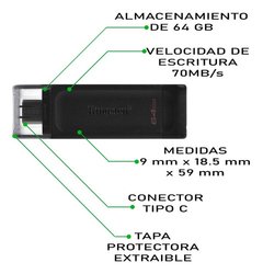 Pendrive 64gb Kingston Tipo C Dt70 Usb 3.2 Negro - comprar online