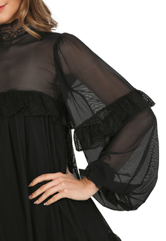 VESTIDO NEGRO ROMANTIC MANGA AMPLIA - FRANCY LEON Diseñadora de Modas