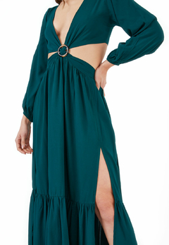 VESTIDO LARGO ABERTURA DELANTERA ANUDADO ESPALDA VERDE - FRANCY LEON Diseñadora de Modas
