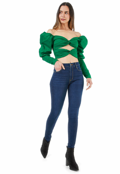 CROP TOP ENTORCHADO DELANTERO MANGA PUFF - FRANCY LEON Diseñadora de Modas